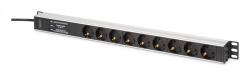 ASSMANN Priză de alimentare PDU Rack (620mm) cu protecție împotriva supratensiunii + filtru EMI/RFI, 9 prize Schuko CEE 7/3 (45°), cablu de 2m, plug Unischuko CEE 7/7, 16A, aluminiu (DN-95438)