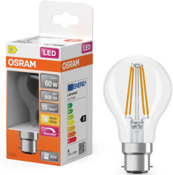 OSRAM B22d LED 5, 9W, 806 lm, 2700 K, melegfehér, dimmelhető, áttetsző üveg-60 W izzó helyett - SuperStar Classic A filament (4099854465031)