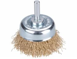 Extol drótcsiszoló fazékkefe, csapos; 50mm, O 6mm-es csap, fúróba fogható, hullámos szálú, rezezett acél, max 4500 ford/perc (17056) - solnaiparcikk