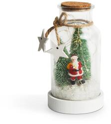 Karácsonyi üvegdisz fenyőfával és mikulással, ledes. Mérete: 9, 2x17 cm