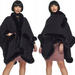 DEMUR Fekete Poncsó kötött zsebekkel, szőrme