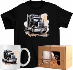  Póló szett Bögre teherautó fekete félteherautó Semi-Truck Ajándék