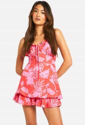 Boohoo Rövid, Vállpántos Overál, növénymintás, Size XL, rózsaszín