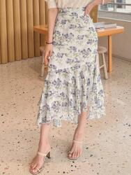 Dazy KC11202 Dazy Aszimmetrikus Virágmintás Szoknya Fodrokkal, Magas Derekú (17) L