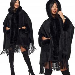 DEMUR Női Poncsó meleg vastag téli kötött rojtos szőrme fekete