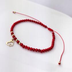 LeksusGold Arany zsinóros karkötő piros gyöngyökkel, szívecskével pr. 585 (L146)