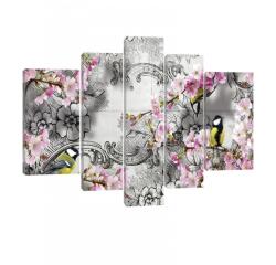 Consalnet Vászonkép, 5 darabos, Cinege virágokkal 170x100 cm méretben (C5-20026S4A)