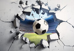 Consalnet Stadionból falon keresztül kitörő focilabda poszter, fotótapéta, Vlies (400 x 280 cm) (C1-15622VX8)