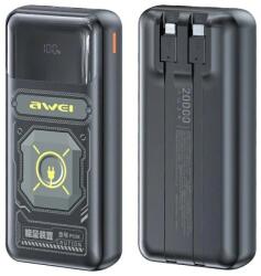 Awei 20000mAh külső akkumulátor, fekete, beépített USB-C és Lightning kábelekkel, méretek 146x67x28mm (AWEI242)