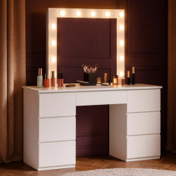 Sersimo Fésülködőasztal és sminkasztal, LED-es tükörrel és 7 fiókkal, 132x43x152 cm, fehér
