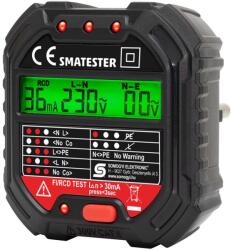 Somogyi Elektronic Home SMATESTER konnektor teszter, LED visszajelzők, Voltmérő, L-N, N-E, RCD mA, Fi és RCD relé ellenőrző, elem nélkül működik, max. 250 V~ aljzatokhoz (SMATESTER) - pepita