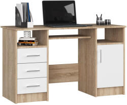  ANA számítógépasztal, 3 fiókkal és 1 ajtóval, 124x52x74 cm, sonoma tölgy és fehér