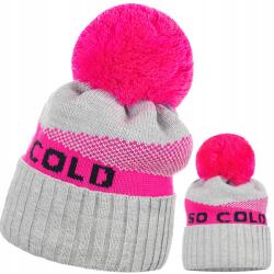 Majka Női Sapka So Cold Mintás, Pomponos, Szürke-rózsaszín (CZAPKA DAMSKA ZIMOWA SO COLD)