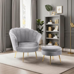  Elegáns Fotel Lábtartóval Szürke Bársony Kárpittal. GRAND (ME-ME-GRAND-P-V-FW)