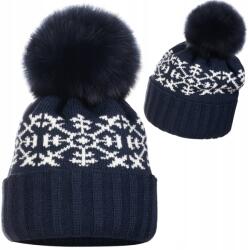 Majka Sötétkék Női Téli Sapka Pomponnal Bézs Hópehely Mintás (K14)