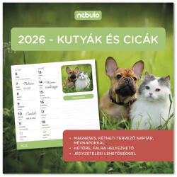 NEBULO Falinaptár mágneses NEBULO 220x220mm 2 hetes Kutyák - Cicák 2026 (HMN-26-K&C) - papir-bolt