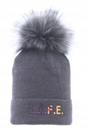 Majka Bélelt Női Téli Sapka Pompon Béléssel Szürke Life Felirat (H61-145-UNI)