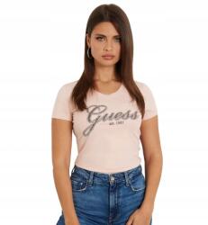 Guess Rózsaszín Pamut Póló Flitterekkel, Kerek Nyakkivágással S Gml