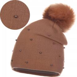 Majka Meleg Női Téli Sapka Pomponnal Díszített Gyöngyökkel Barna Majka