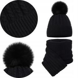 Majka Női téli szett Pomponos Sapka Sál 1, 8 m Fekete (D30-132-UNI)