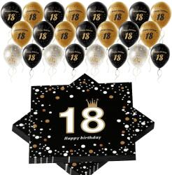  Dekorációs Szett 18. Születésnapra, Szalvéták, Lufik Konfettivel, Fekete-Arany