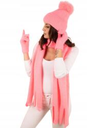 Majka Meleg Téli Szett Női Sapka Pompon Sál Kesztyű Rózsaszín