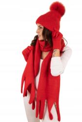 Majka Meleg Téli Szett Női Sapka Pompon Sál Kesztyű Piros