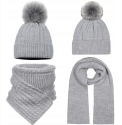 Majka Sapka Sál Szett Női Pompon Világos Szürke 2m Téli Meleg Téli (D32-201-UNI)