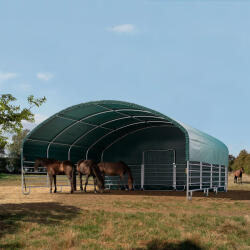 TOOLPORT Állattartó sátor, 8x8m, PVC ponyva, sötét zöld, rögzítés kemény talajhoz Takarmánytároló sátor, Mobil istálló, Szénatároló sátor - (330621)