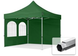 TOOLPORT Összecsukható pavilon, Aluminium, 3x3m, 2 oldalpanellel együtt, sötét zöld Pavilon sátor, Piaci sátor, Pop up sátor - (600166)