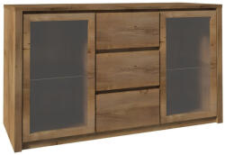 TEMPO KONDELA Komód dupla üvegajtós, 3- fiókos szekrény és három aljazattal, tölgyfa lefkas, MONTANA K2D (86168)