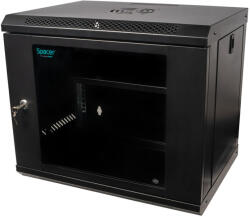  Szekrény 19″ SPACER 9U 500x450mm, falra rögzíthető, Flatpack (nem összeszerelve), fekete, kivehető panelek, 1mm acél, maximális teherbírás 25kg