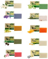 OlivePlus Set 10 sapunuri OlivePlus cu ulei de masline, Aroma de vanilie, Trandafir, Iasomie, Lavanda, Body scrub, Natural, Musetel, Portocala, Tea tree, Aloe vera, 10 x 100g (5200387005567)