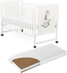 Kidizi Patut din lemn masiv 120x60 cm Bria alb cu roti si saltea cocos LUX 120x60x9 cm, reglabil pe 3 nivele, certificat EN71 (3260+120609LUX)