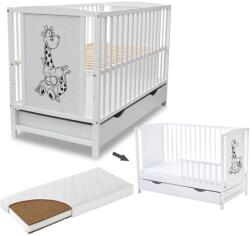 Kidizi Patut din lemn masiv 120x60 cm Bria alb cu sertar si saltea cocos LUX 120x60x9 cm, include bariera, reglabil pe 3 nivele, certificat EN71 (3273+1637+9LUX)