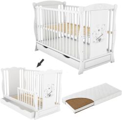 Kidizi Patut din lemn masiv 2 in 1 Maya alb cu sertar si saltea cocos LUX 120x60x9 cm, include bariera (setLUX+1286+1637)