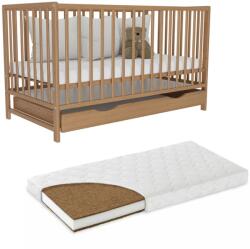 Kidizi Patut din lemn masiv 120x60 cm Matilda cu sertar cu capac, somiera reglabila pe 3 nivele , include saltea cocos de 9 cm (3253+120609LUX)