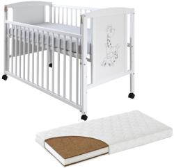 Kidizi Patut din lemn masiv 120x60 cm Bria alb cu laterala culisanta si roti, saltea cocos LUX 120x60x12 cm inclusa, reglabil pe 3 nivele, certificat EN71 (3303+1206012LUX)