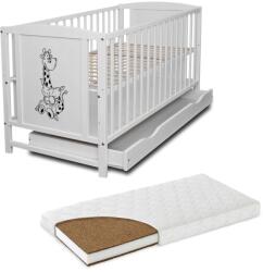 Kidizi Patut din lemn masiv 120x60 cm Bria alb cu sertar si saltea cocos LUX 120x60x9 cm, reglabil pe 3 nivele, certificat EN71 (3273+120609LUX)