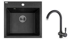  PAULO SZETT gránit egymedencés fekete mosogató csappal, szifonnal, 49x49x21, 4 cm (SRN_710PL)