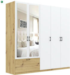 Intermeble ALTA Gardróbszekrény Tölgy/Matt Fehér Színben, Tükörrel. 225 cm