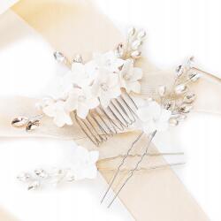 Kokonet Fésű szett bedugós virágokkal strasszokkal Esküvői ezüst díszek (Komplet kwiatowych ozdób z kryształkami)