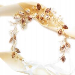 Kokonet arany hajpánt levelekkel és gyöngyökkel, esküvői szalag (złota opaska z listkami ślubna wstążka)