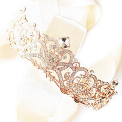 Kokonet Tiara diadém korona rózsaarany levelekkel Elegáns, különleges, Királyi esküvőre (4-0238)