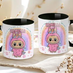 Deconline Crafts Egyedi neves "Labubu Rainbow" bögre személyre szabható fekete (DO69364-BLACK-MUG)