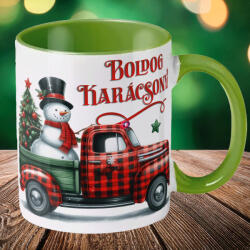 Deconline Crafts Karácsonyi bögre "Boldog karácsonyt teherautó" 330 ml kerámia Zöld Full HD (DO129192-GREEN-MUG)