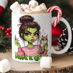 Deconline Crafts Egyedi feliratos karácsonyi bögre "Grincs lány cicával" pufi hatású (DO129213-CERAMIC-MUG)