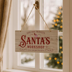 QX-Impex Óriás VIntage Karácsonyi fa tábla "Santa's Workshop", akasztható 60x30cm (492823)