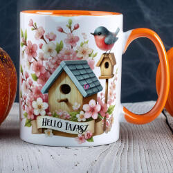 Deconline Crafts Húsvéti bögre "Helló Tavasz" egyedi felirattal, narancssárga, kerámia (DO133005-ORANGE-MUG)
