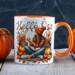 Deconline Crafts Őszi mintás bögre ""hello ősz lány" Narancssárga (DO126178-9-ORANGE-MUG)